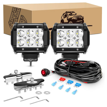 2 Pcs 18W Spot LED Pods with 16AWG 3Pin Rocker Switch Wiring Harness kit Universal Adjustable Pillar Hood